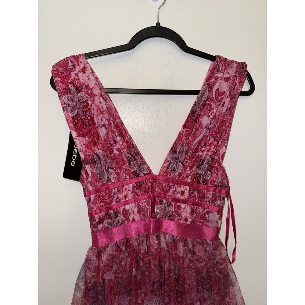 NWT Bebe Tiered High Low Mesh Maxi Dress Pink Floral Paisley Gown Size Small - Picture 10 of 10